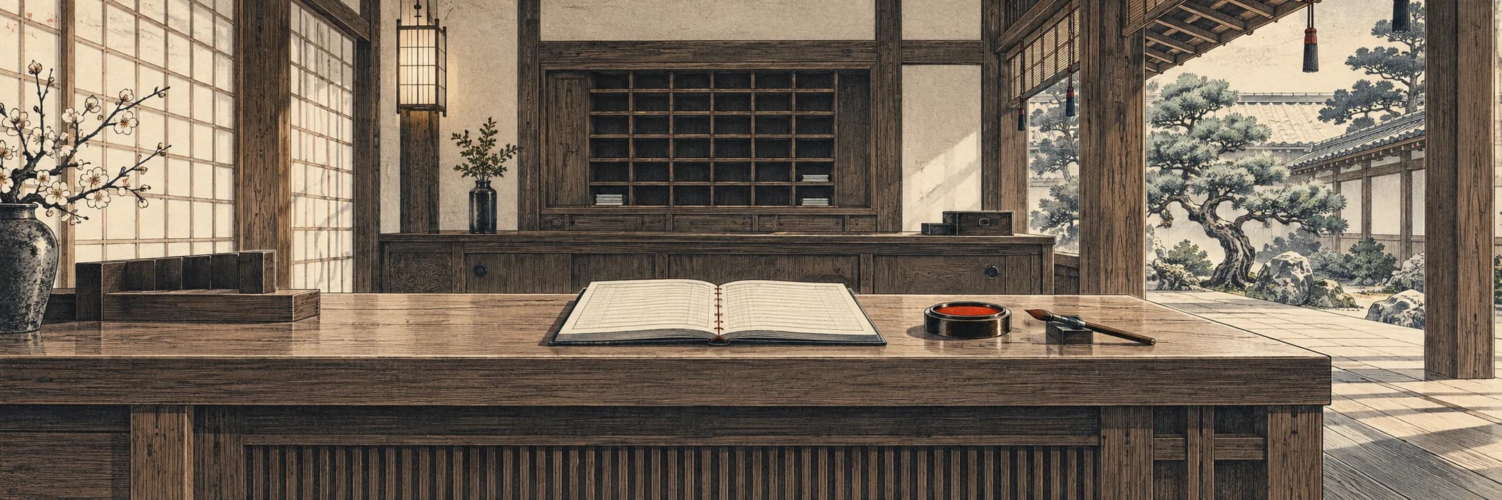 Japanese print-style wooden service counter with an open passbook, vermilion seal pad and shoji light.