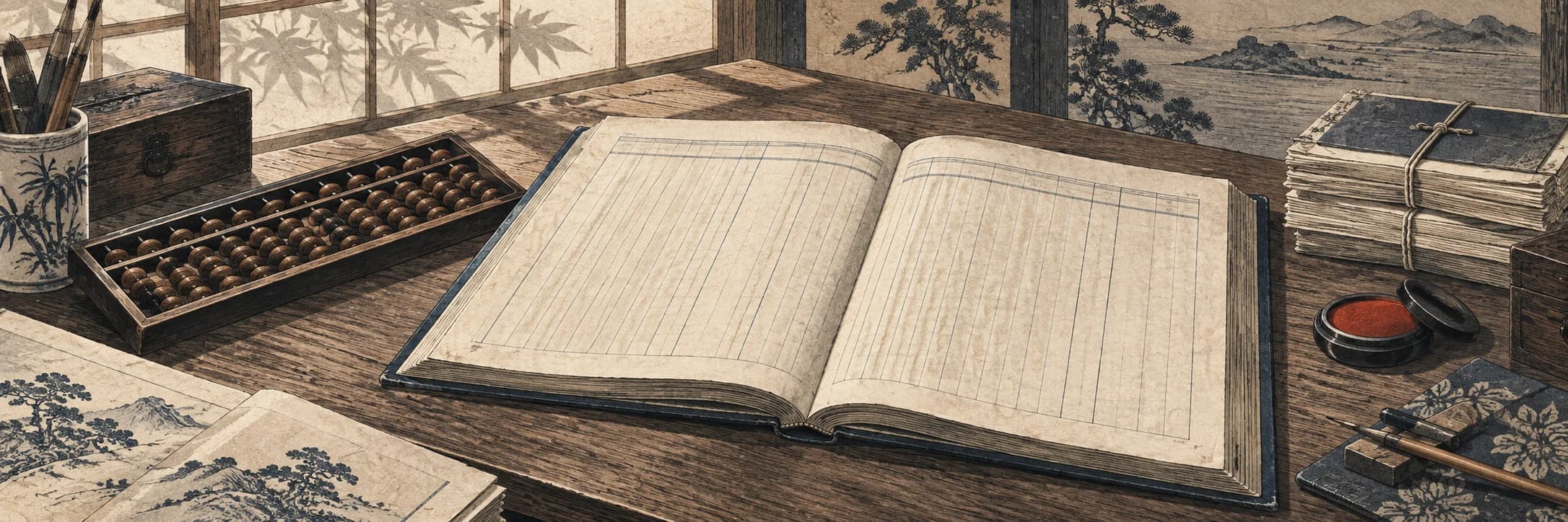 Japanese print-style bookkeeping desk with an open ledger, soroban, tied documents and vermilion seal pad.