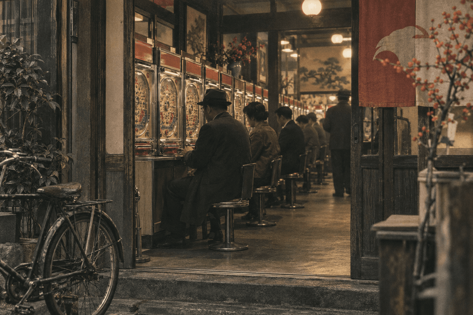 AI-generated illustration of an imagined Showa-era pachinko hall